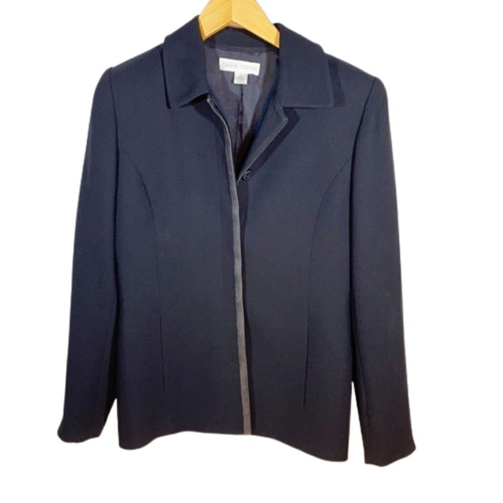 Casual Corner Black Blazer Faux Leather Trim Button Front Career Size 4
